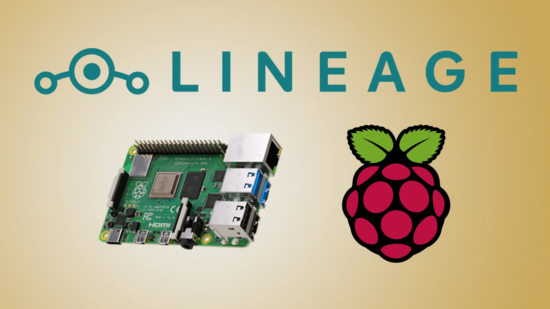 Logo LineageOS et logo framboise Raspberry Pi encadrant une carte Raspberry Pi
