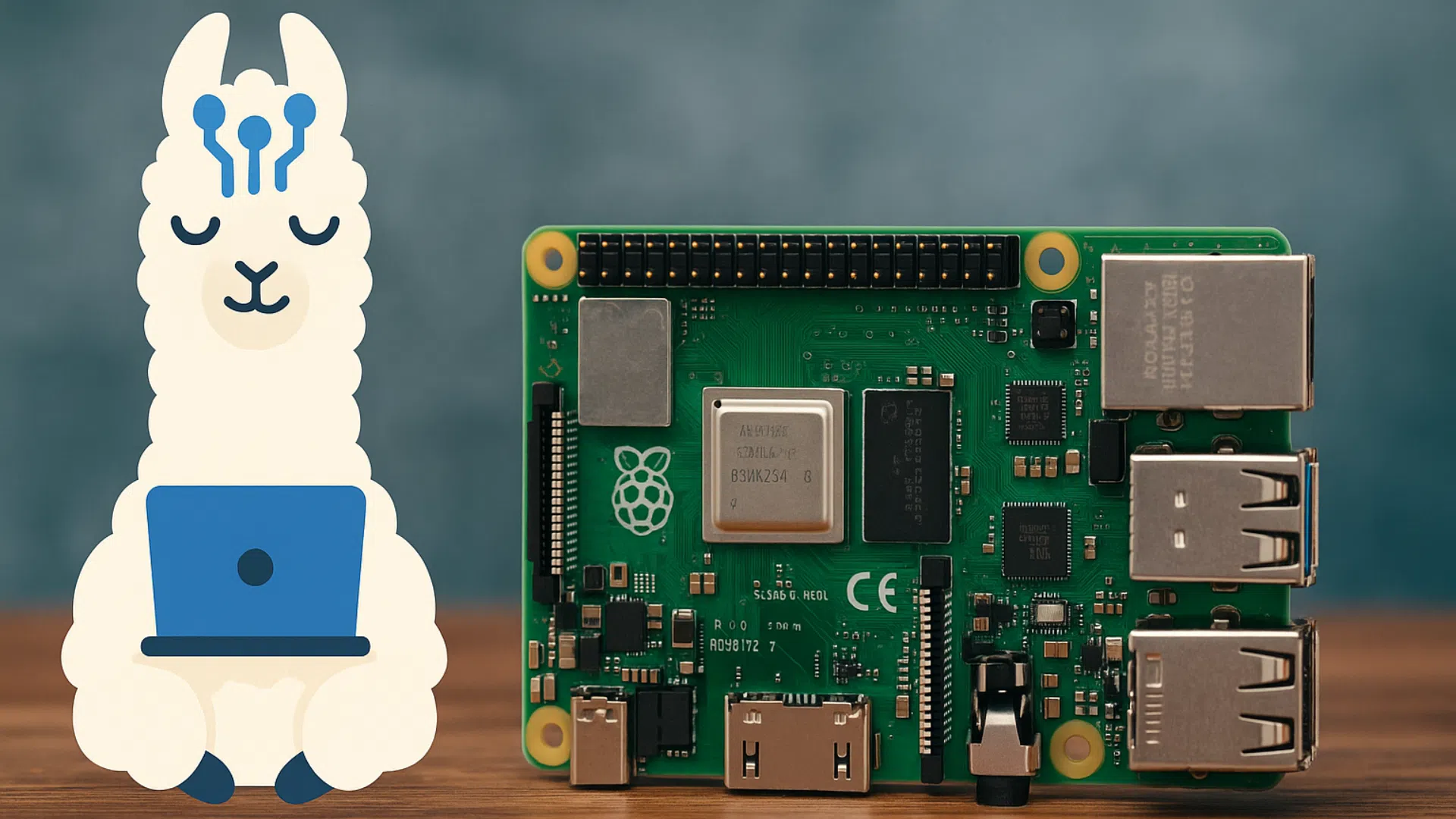 Logo Ollama, lama dessiné, à côté d'une carte Raspberry Pi 5 avec ports USB visibles