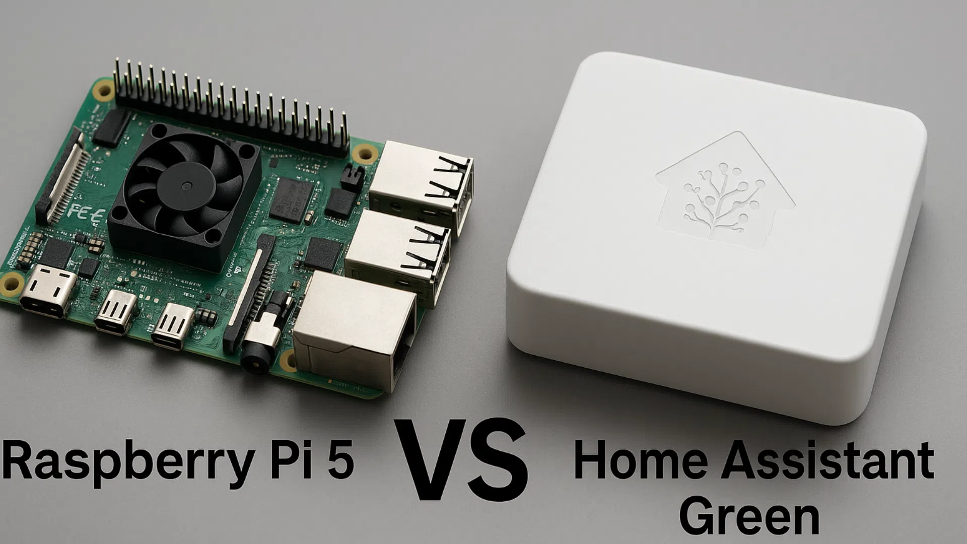 Carte Raspberry Pi 5 avec ventilateur à côté du boîtier blanc Home Assistant Green