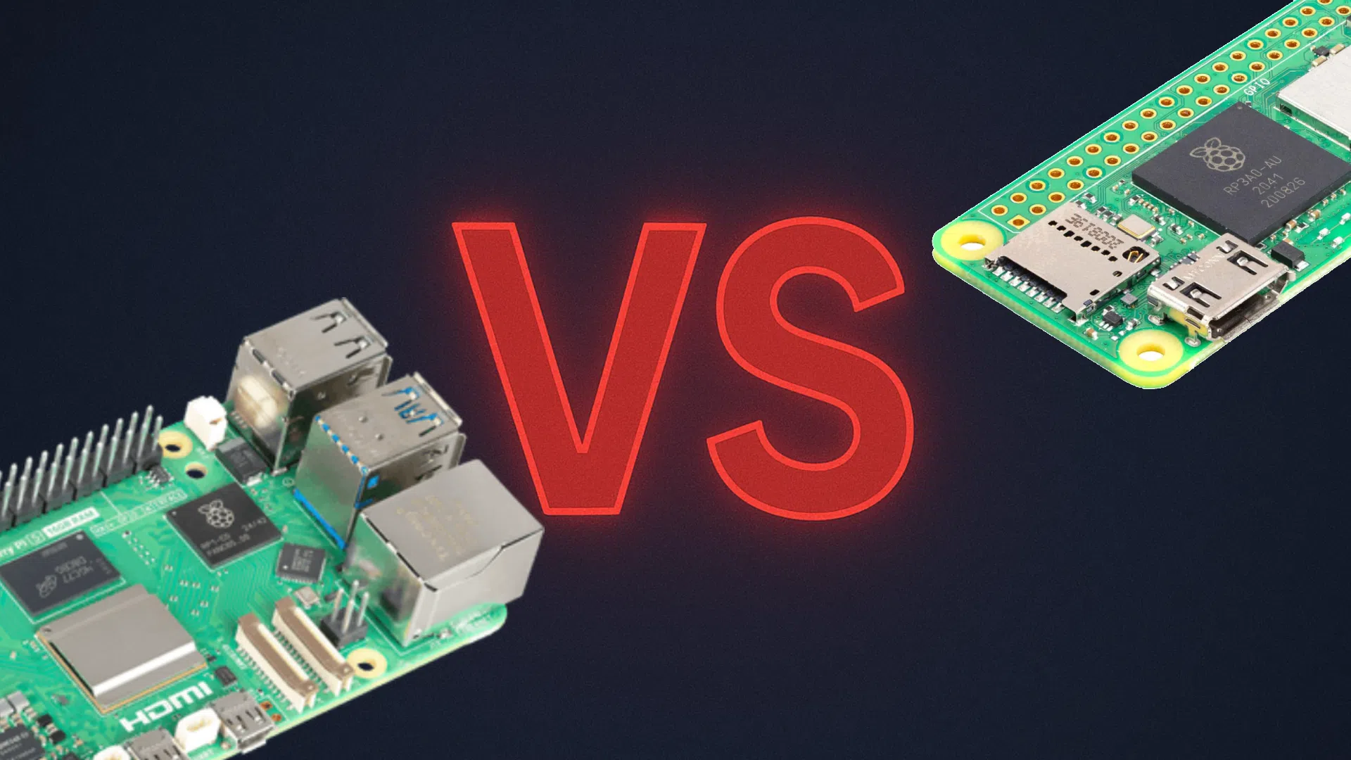 Comparatif visuel entre les cartes Raspberry Pi 5 et Raspberry Pi Zero 2 W avec lettres VS rouges