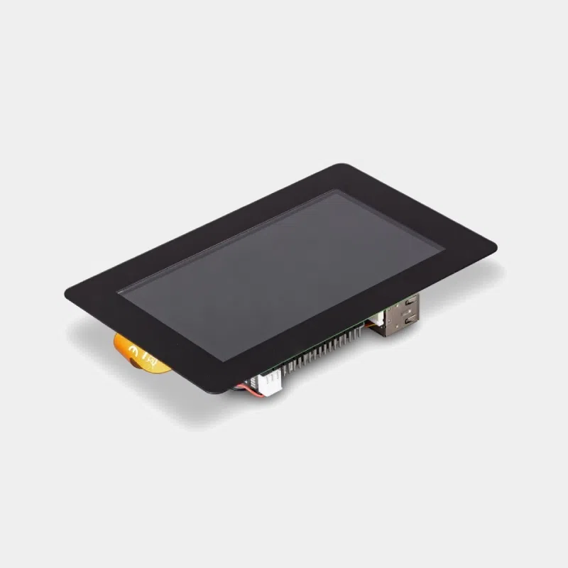 Écran tactile Raspberry Pi Touch Display 2 seul, vu de face en angle avec connecteur apparent