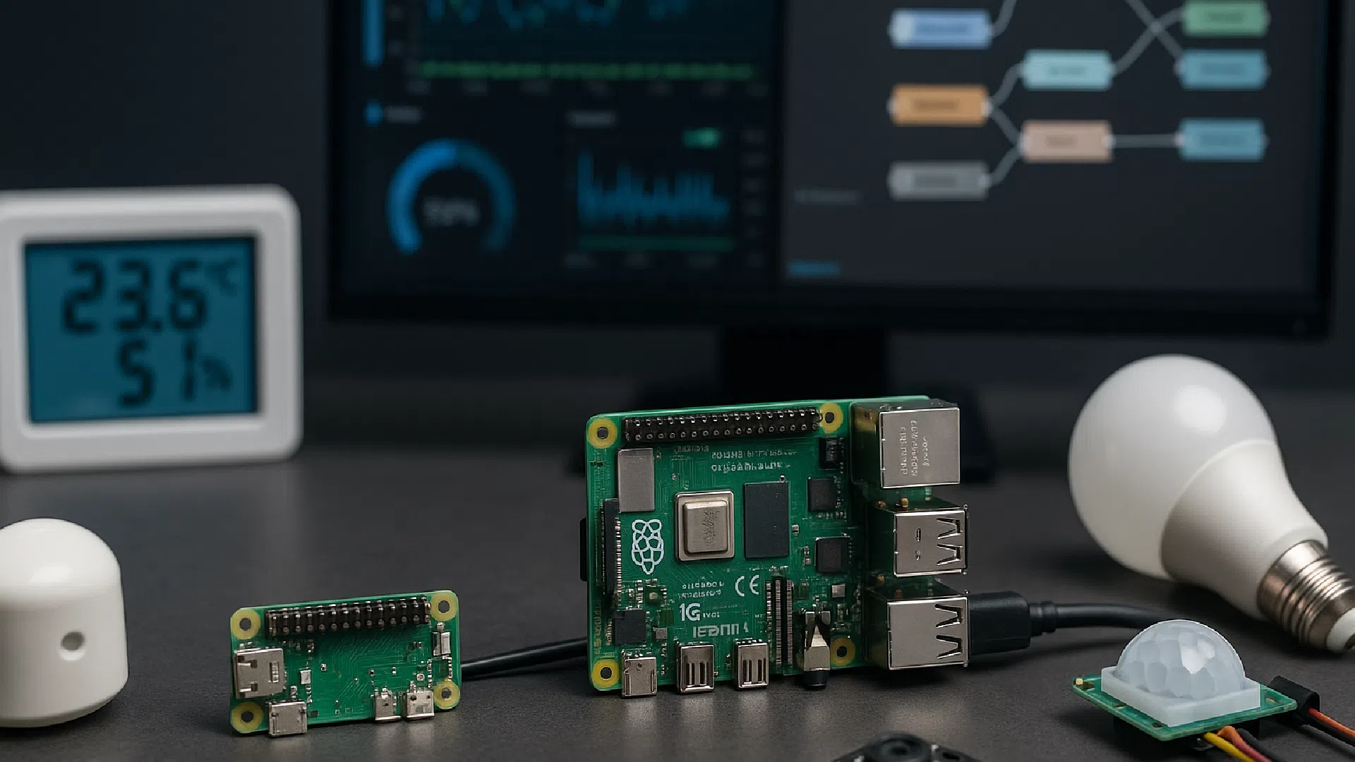Carte Raspberry Pi entourée d'objets IoT, thermomètre, écrans de supervision et ampoule connectée