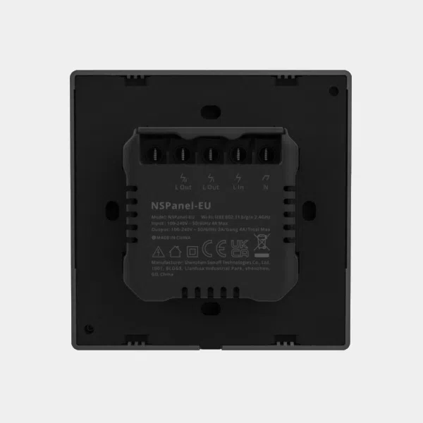 Panneau tactile domotique Sonoff NSPanel vu de dos avec bornier de raccordement électrique