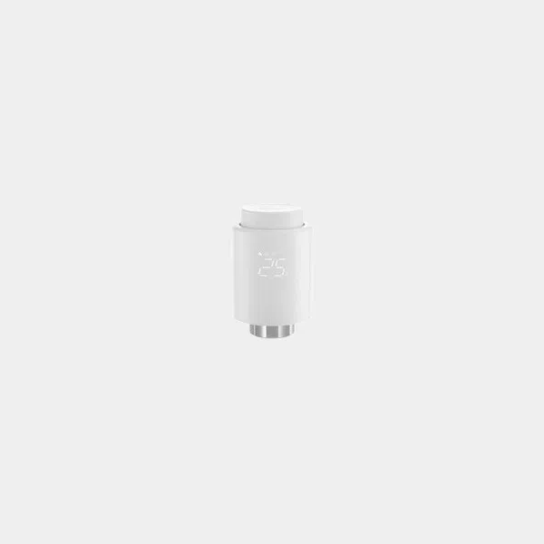 Vanne thermostatique connectée Zigbee Sonoff blanche, vue de face avec logo discret sur le corps