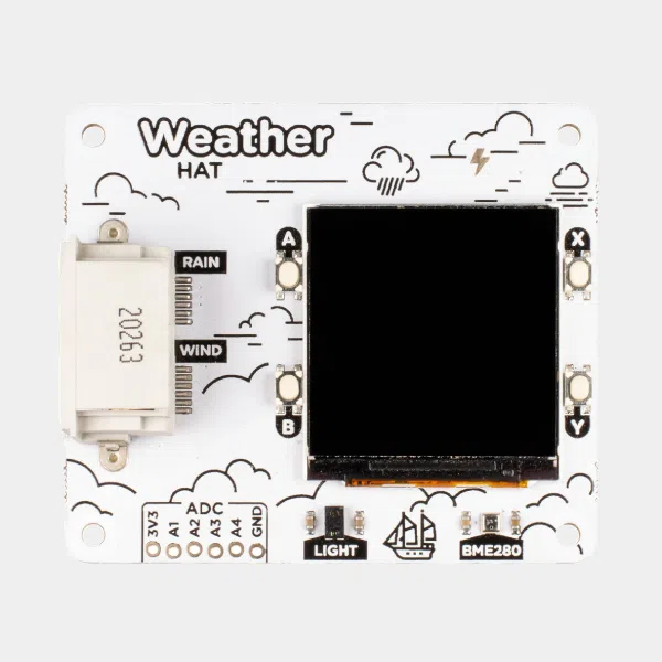 HAT météo Pimoroni avec écran LCD et connecteurs pour girouette et pluviomètre, vu de face