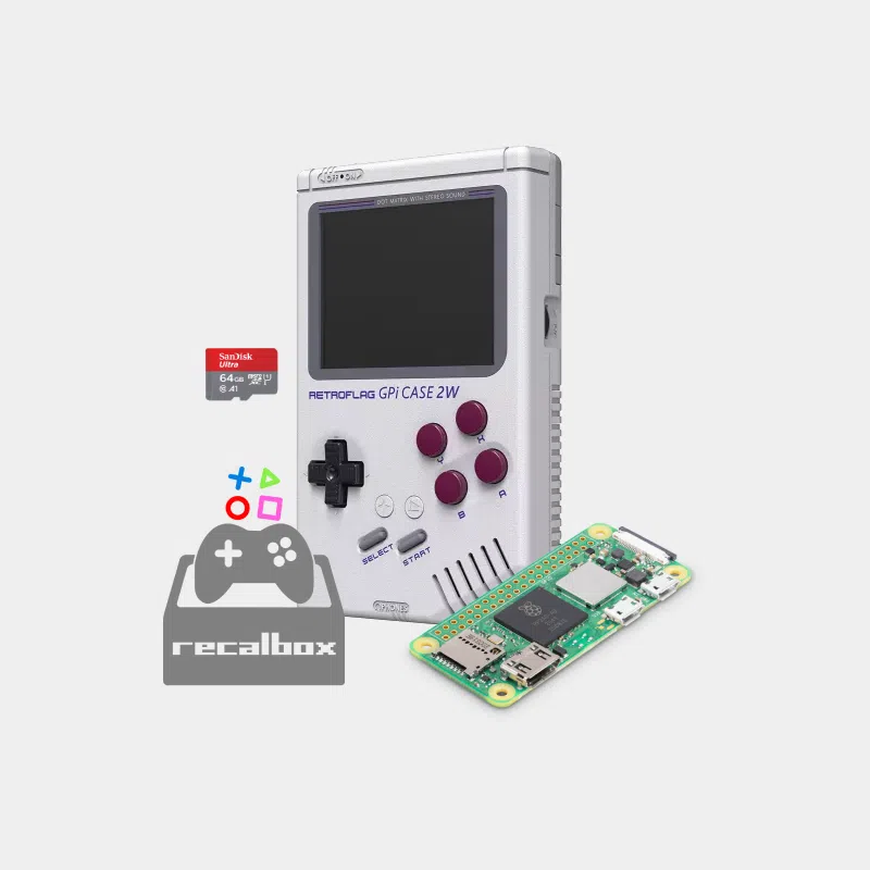 Console GPi Case 2W avec Raspberry Pi Zero 2W prémonté, carte microSD et logo Recalbox
