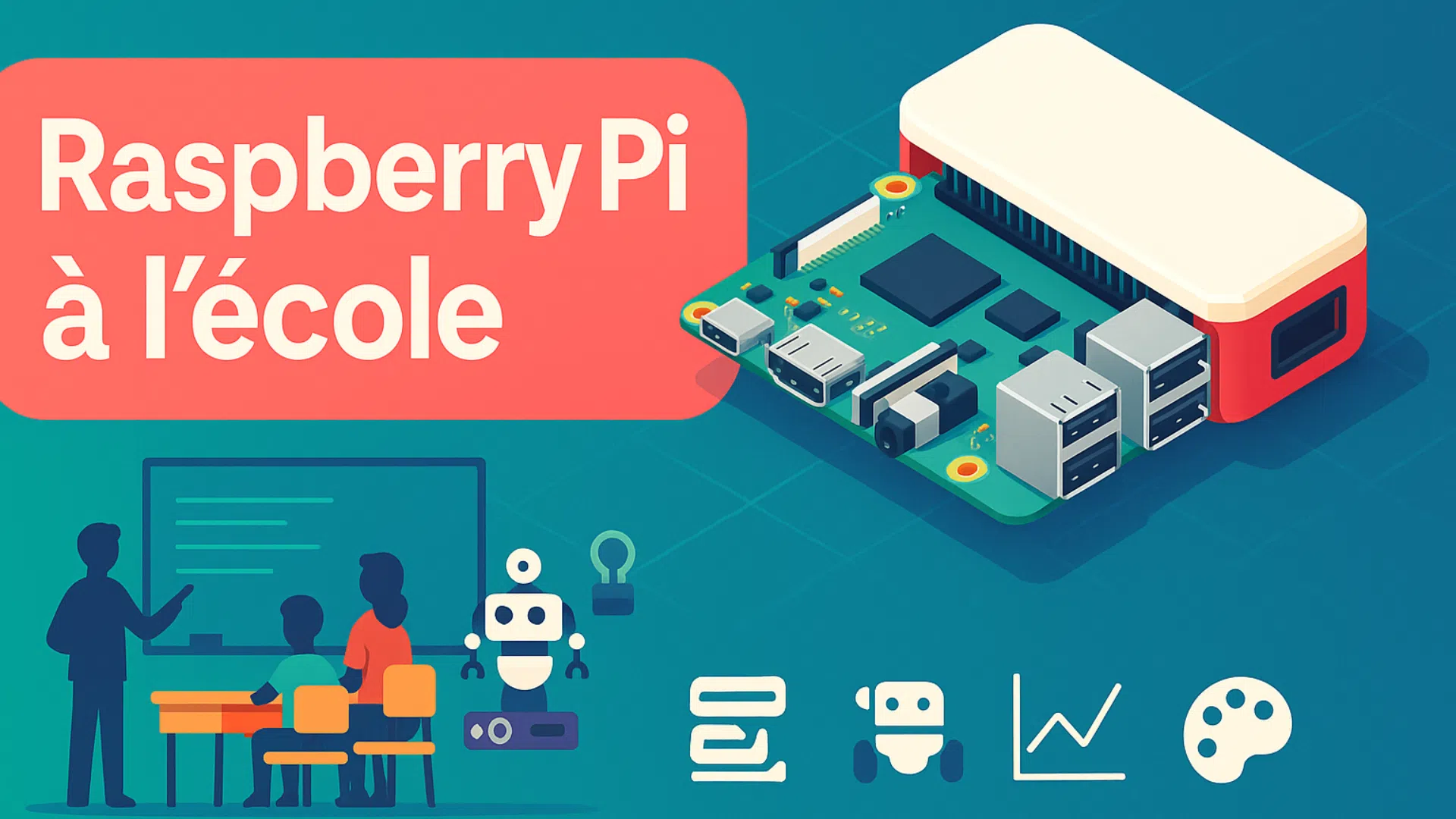 Bannière Raspberry Pi à l'école, illustration d'une salle de classe avec robot et carte électronique