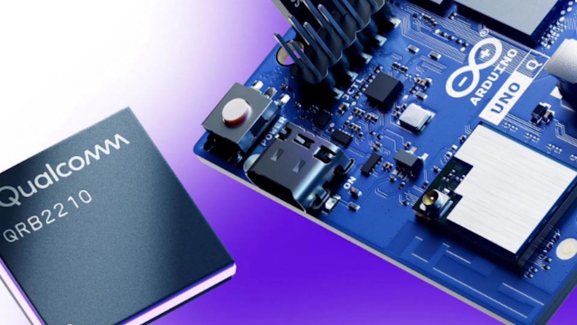 Arduino UNO Q, carte bleue avec puce Qualcomm QRB2210 sur fond dégradé violet