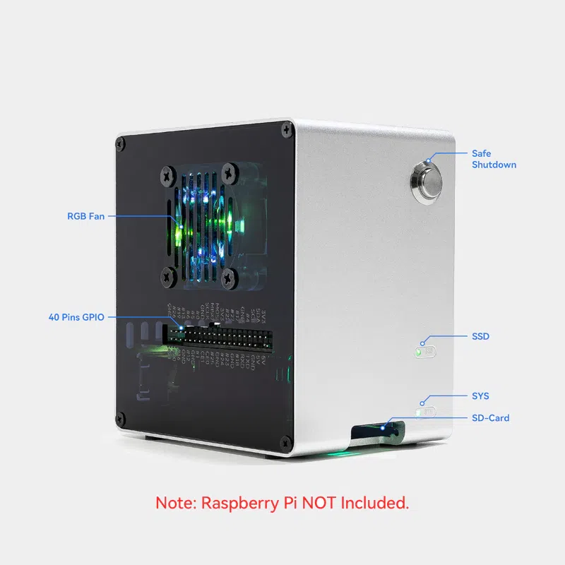 Boîtier PIRONMAN 5 MINI, boîtier argenté avec ventilateur RGB visible et GPIO 40 broches annoté