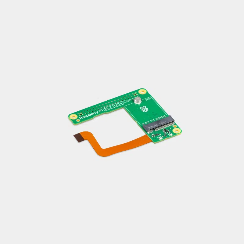 HAT+ M.2 Compact pour Raspberry Pi 5, carte électronique avec nappe orange et connecteur M.2
