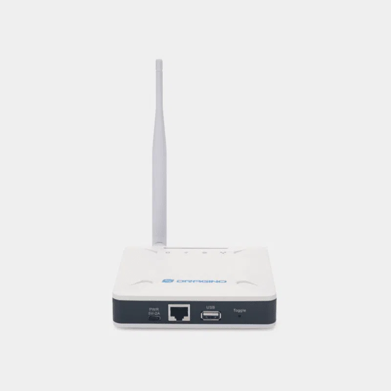 Dragino LPS8N, passerelle LoRaWAN blanche vue de face avec antenne et port Ethernet