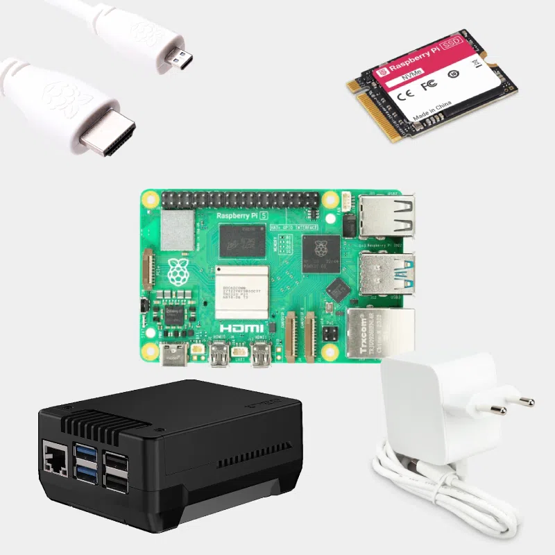 Kit Raspberry Pi 5 avec SSD NVMe, carte électronique, boîtier noir, câbles USB-C, SSD et alimentation