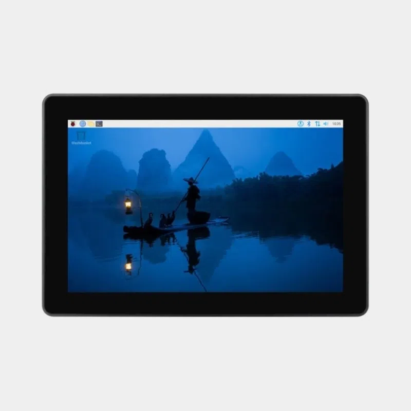 Écran tactile capacitif avec support pour Raspberry Pi 5, écran allumé affichant un paysage fluvial au crépuscule