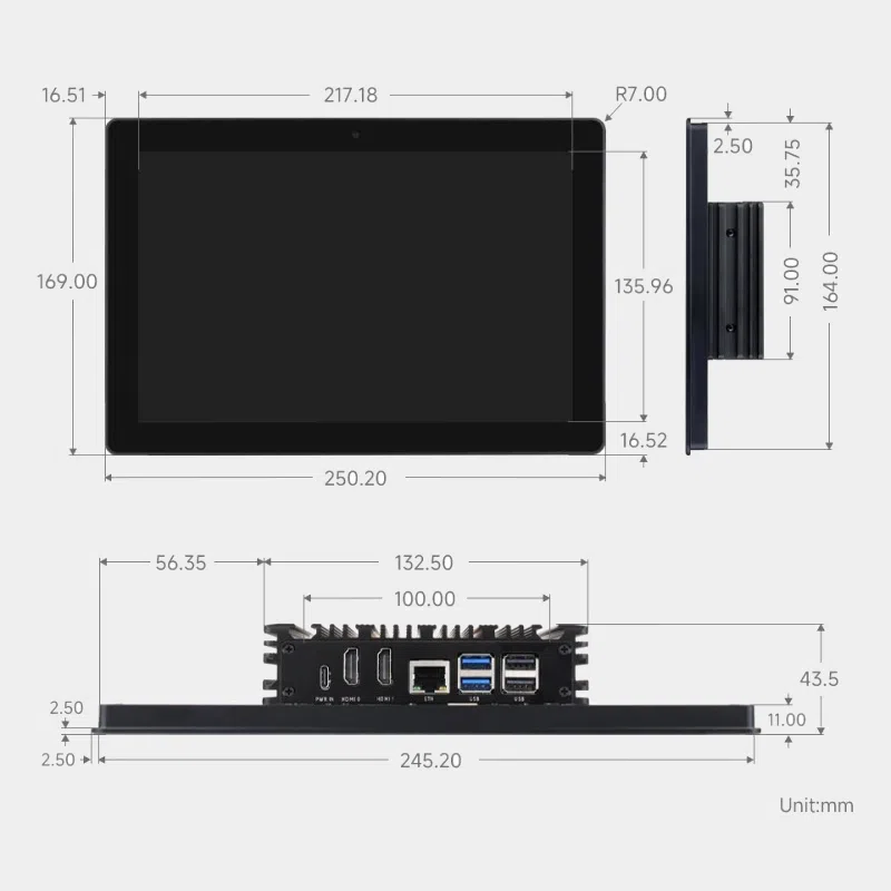Écran tactile capacitif avec support pour Raspberry Pi 5 2 Écran tactile capacitif avec support pour Raspberry Pi 5, schéma technique avec cotes en millimètres