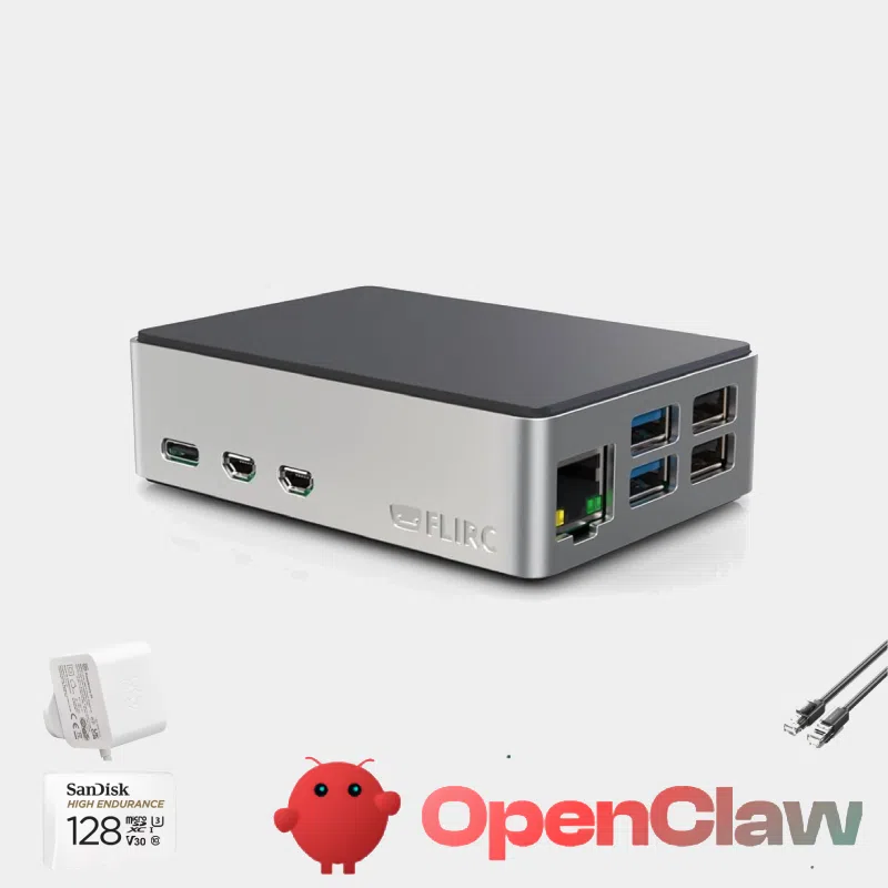 Kit OpenClaw serveur IA local basé sur Raspberry Pi 5 avec boîtier, alimentation, câble et carte microSD 128 Go