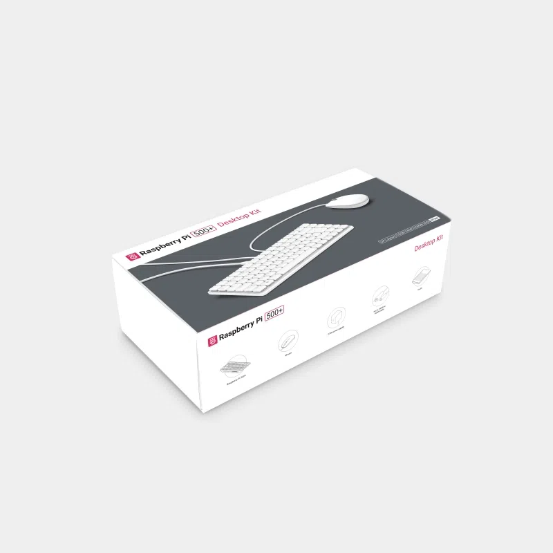 Kit Raspberry Pi 500+, boîte d'emballage illustrant le clavier et la souris fournis