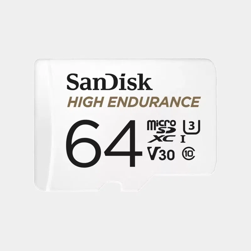 Carte microSD SanDisk High Endurance 64 Go, face avant avec logos U3, V30 et Class 10