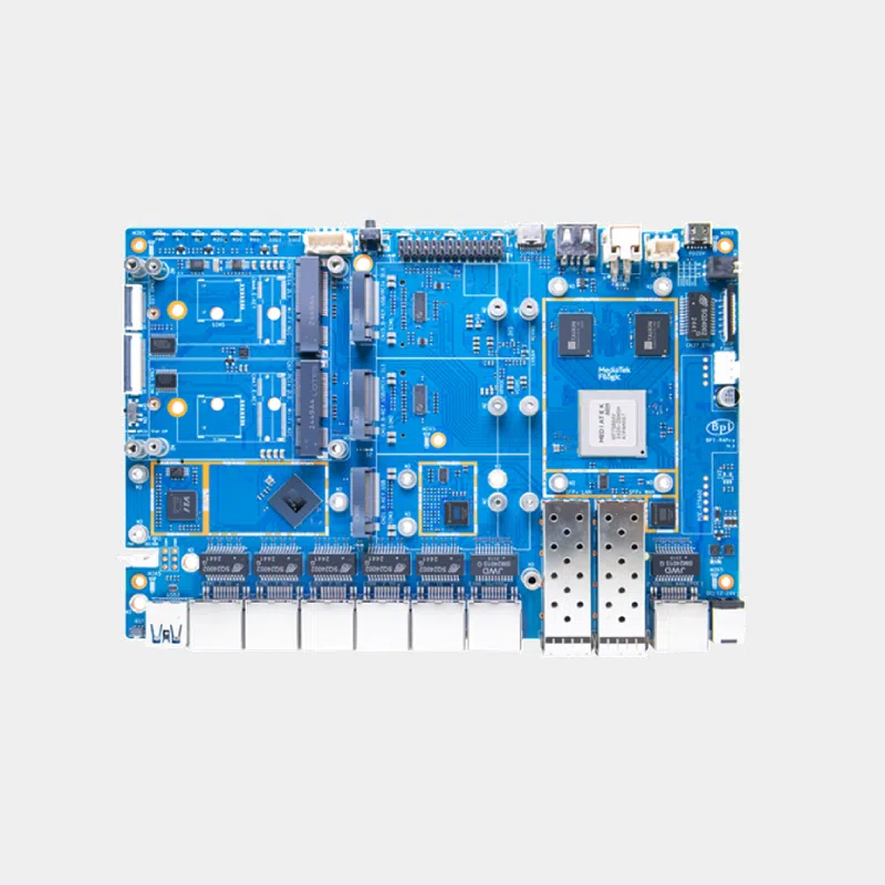 Carte Banana Pi BPI-R4 Pro bleue vue de dessus avec ports Ethernet et cages SFP