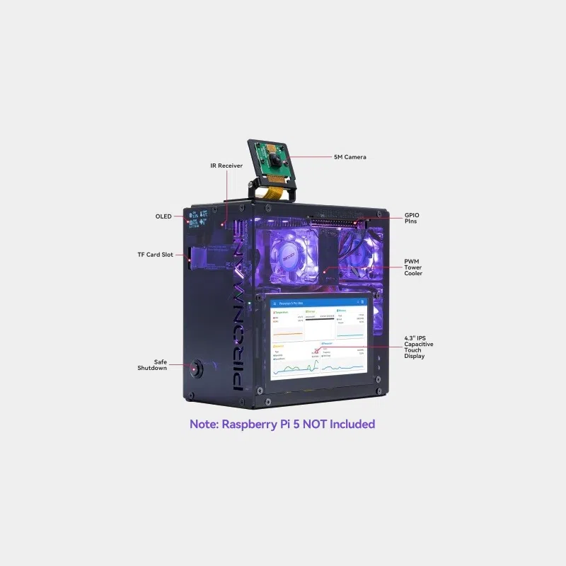 Boîtier PIRONMAN 5 PRO MAX avec écran allumé, module caméra et ventilateurs LED bleus
