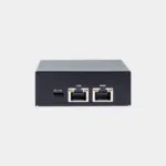 Boîtier métallique noir vu de dos avec ports Ethernet LAN et WAN