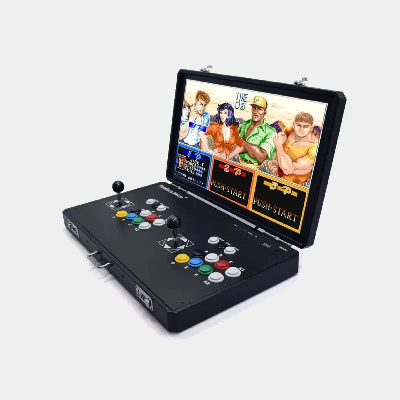 Borne d'arcade portable ouverte vue de trois quarts avec écran de jeu et manettes intégrées
