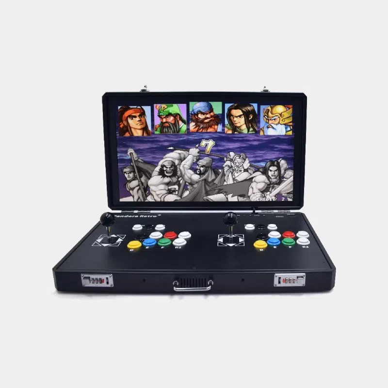 Borne d'arcade portable ouverte avec écran affichant un jeu de combat et double joystick