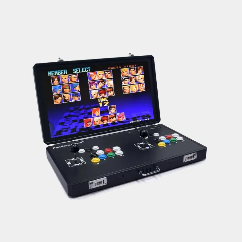 Borne d'arcade portable basée sur Raspberry Pi 5 4 Borne d'arcade portable ouverte avec écran de sélection de personnages et boutons colorés