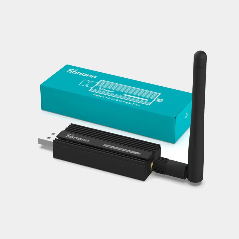 Dongle Sonoff Zigbee 3.0 Plus-E 1 Dongle Sonoff Zigbee 3.0 Plus-E noir avec antenne, devant sa boîte turquoise