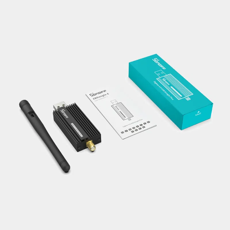 Dongle Sonoff Zigbee 3.0 Plus-E 2 Dongle Sonoff Zigbee 3.0 Plus-E avec antenne, boîte et notice, vue d'ensemble