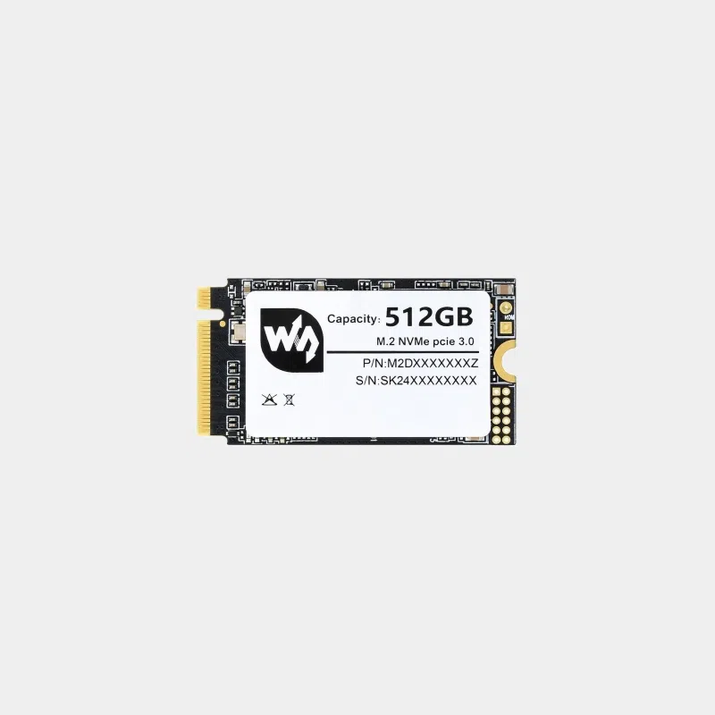 SSD NVMe M.2 2242 WaveShare 512 Go vu de dessus, étiquette de capacité et connecteur doré visibles