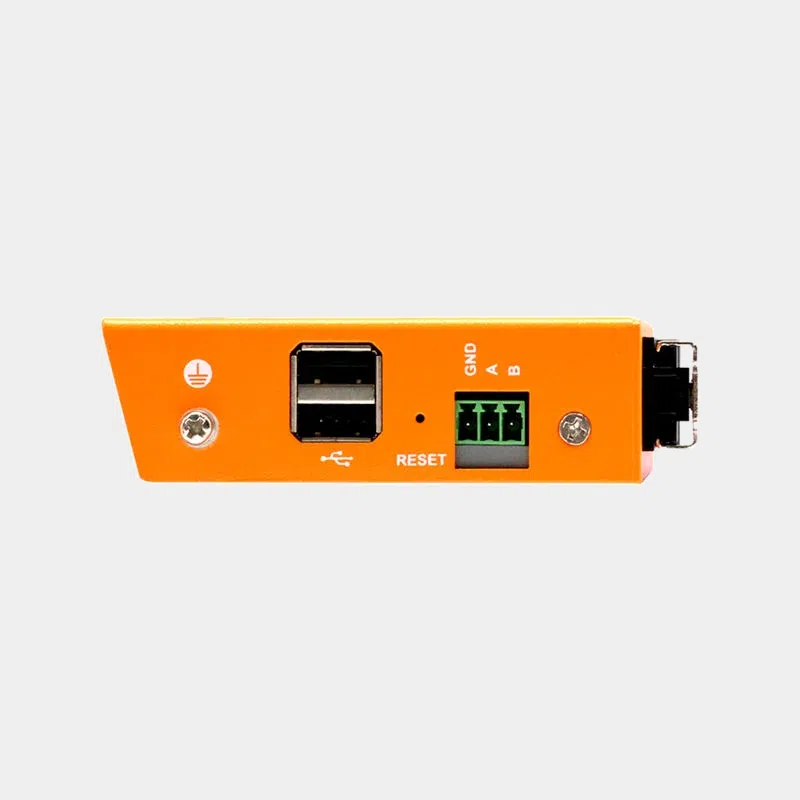 Boîtier industriel EDATEC ED-IPC1100 orange vu de face avec port USB et bouton reset