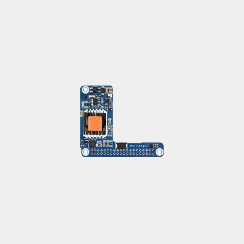 Carte PoE+ HAT bleue pour Raspberry Pi 5 avec transformateur orange et connecteur GPIO