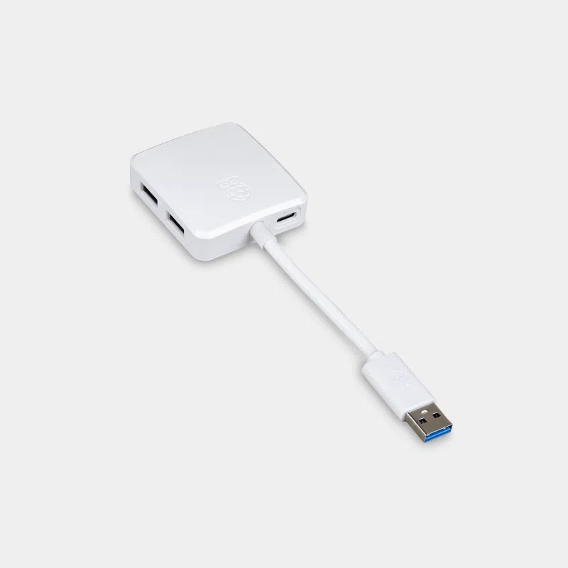 Hub USB 3.0 Raspberry Pi blanc avec trois ports et câble USB-A