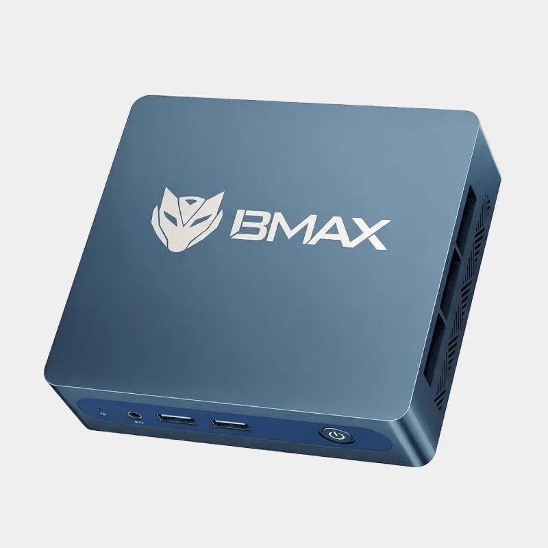 Mini PC BMAX B1 Plus bleu foncé vu de trois quarts avec grille d'aération et logo BMAX
