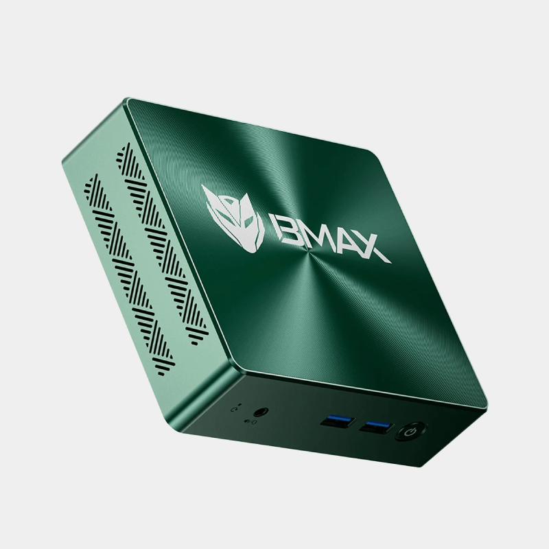 Mini PC BMAX B6 Turbo vert métallisé vu de trois quarts avec logo BMAX