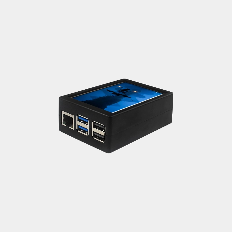 Boîtier ABS noir avec écran tactile 3,5 pouces allumé et ports Ethernet USB pour Raspberry Pi 5