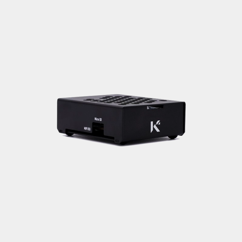 Boîtier métallique noir pour ODROID-N2L vu de trois quarts avec grille de ventilation et logo Hardkernel