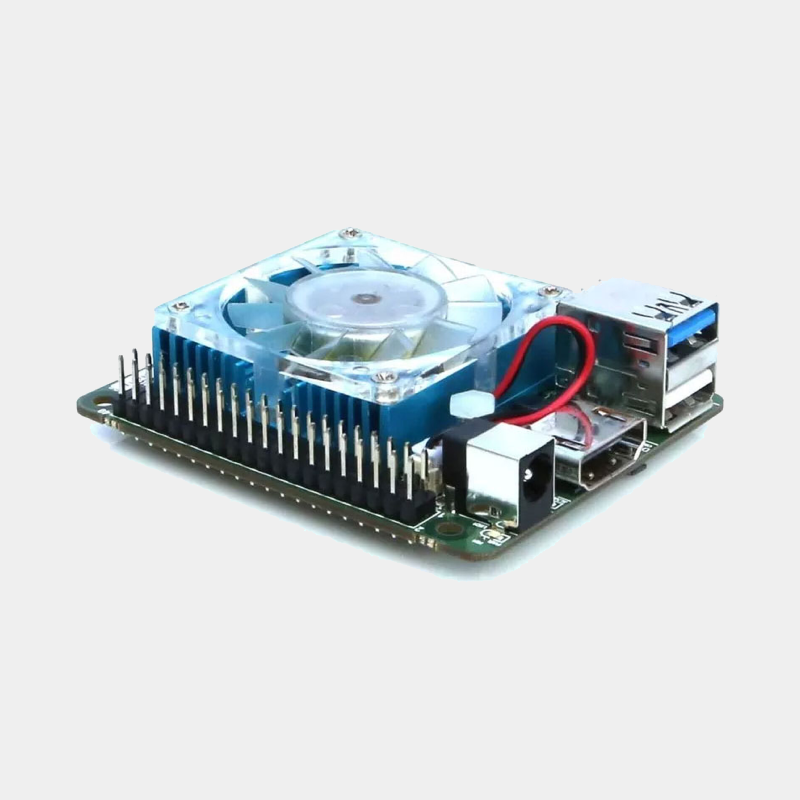Carte ODROID-N2L vue de profil avec ventilateur, connecteur USB et bouton d'alimentation