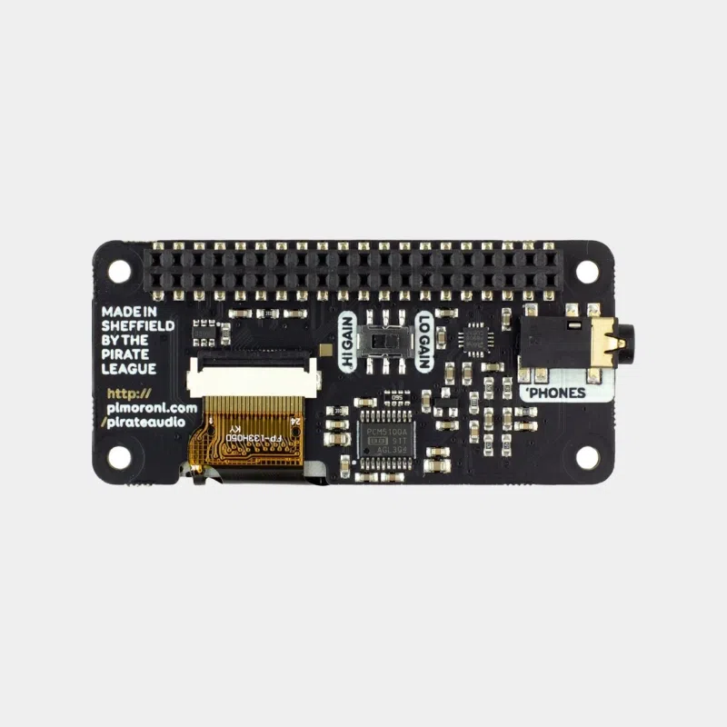 Carte Pimoroni Pirate Audio vue de dessus avec connecteur GPIO et prise casque